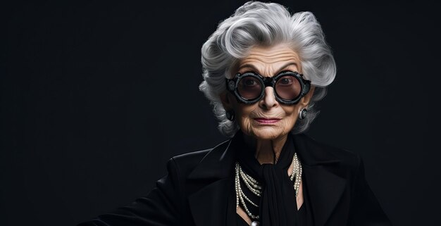 Donna anziana elegante con occhiali da sole e giacca nera che guarda la telecamera nonna elegante
