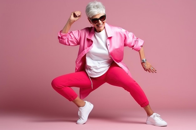 Donna anziana in abbigliamento sportivo che fa alcuni divertenti passi di danza