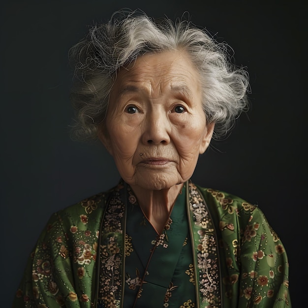 Donna anziana in kimono verde posa per una fotografia di ritratto