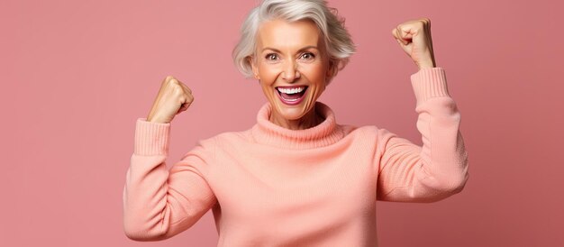 Donna anziana in maglione giallo che stringe i pugni che trasuda gioia isolata su sfondo rosa