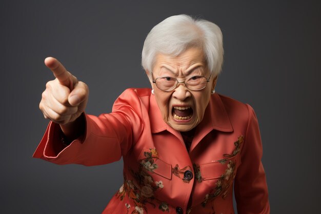 donna anziana indica con assertività l'espressione facciale che trasmette un messaggio forte o una richiesta
