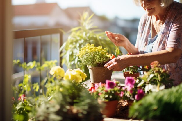 Donna anziana irriconoscibile che fa giardinaggio sul balcone in estate piantando fiori