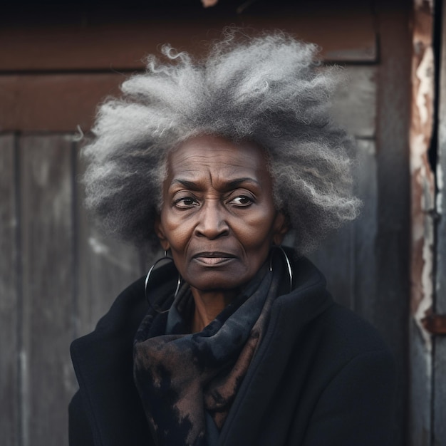 Donna anziana nera ai generativa in posa circondata da piante in serra