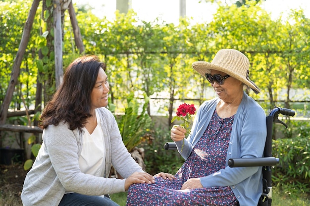 Donna anziana o anziana asiatica che tiene il sorriso del fiore della rosa rossa e felice nel giardino soleggiato