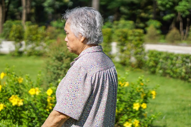 Donna anziana o anziana asiatica della signora anziana con forte salute mentre camminando al parco.