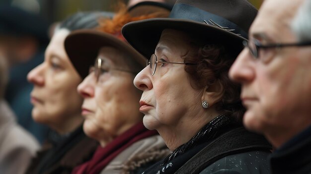 Donna anziana pensierosa che indossa un cappello elegante e occhiali che guarda da un'altra parte