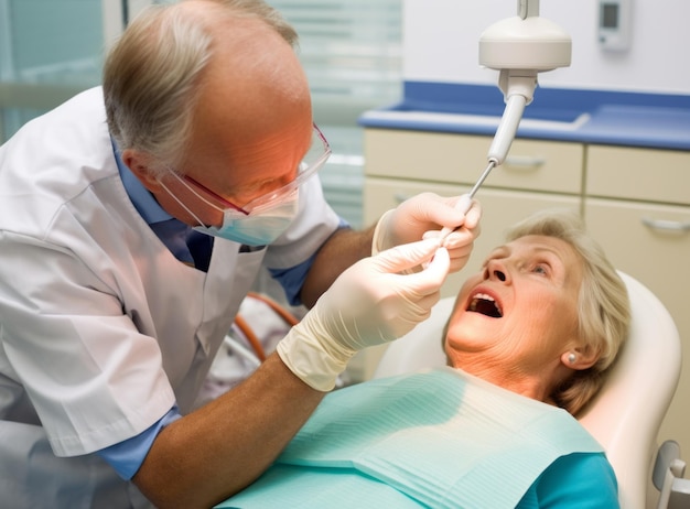 Donna anziana seduta in sedia durante l'esame medico con un dentista maschio anziano in odontoiatria