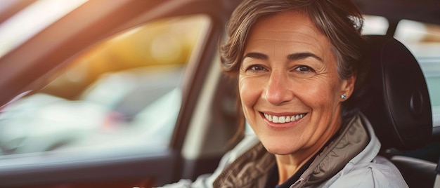 Donna anziana sicura che guida l'auto di giorno