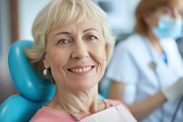 Donna anziana soddisfatta nell'ufficio del dentista che guarda la telecamera.