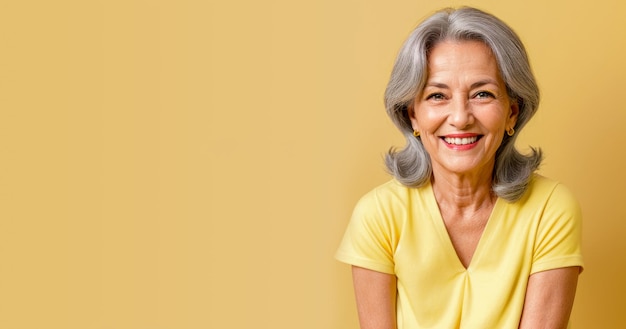 donna anziana sorride dolcemente vestita in abiti casuali esprime emozioni positive donna europea allegra gode di una conversazione piacevole isolata su uno sfondo giallo concetto di età della gente
