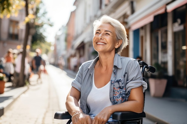 Donna anziana sorridente con arti paralizzati in sedia a rotelle sulla strada della città