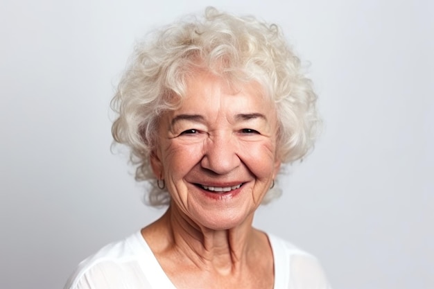 Donna anziana sorridente con capelli ricci bianchi isolata su sfondo bianco creato con intelligenza artificiale generativa