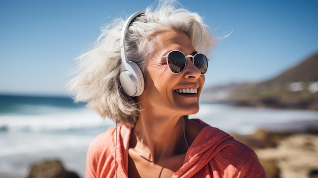 Donna anziana sorridente con le cuffie che corre sulla spiaggia IA generativa