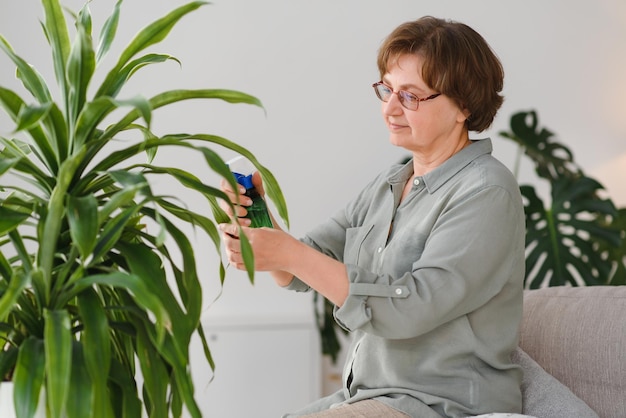 Donna anziana spruzza piante in vasi da fiori Femmina felice che si prende cura della pianta della casa Donna matura che si prende cura delle piante a casa sua spruzzando una pianta con acqua pura da un flacone spray