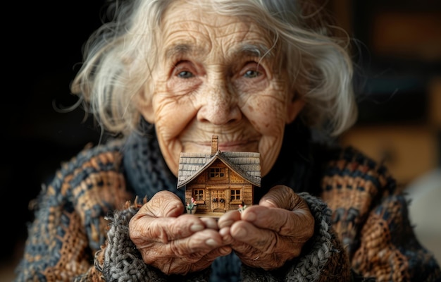 Donna anziana tiene in mano una piccola casa di legno