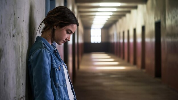 Donna appoggiata al muro che guarda giù in un corridoio con sfondo sfocato a Alcatraz Islan