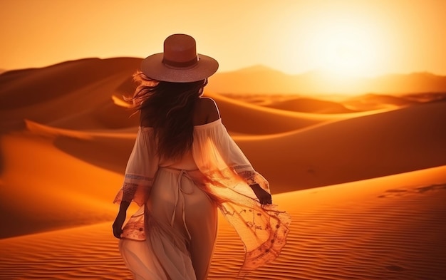 Donna araba che cammina nelle dune di sabbia del deserto al tramonto