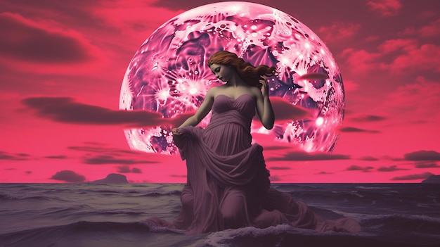 donna araba con un vestito in piedi nell'oceano con una luna rosa sullo sfondo ai generativa
