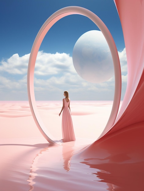 donna araba con un vestito rosa in piedi in un cerchio rosa ai generativo