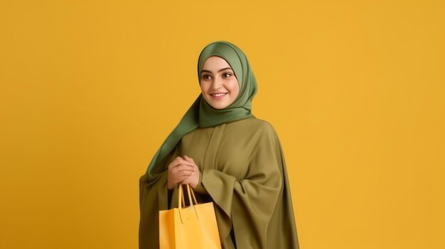 Donna araba in hijab e abaya che tiene in mano una borsa della spesa concetto di vendita del Black Friday