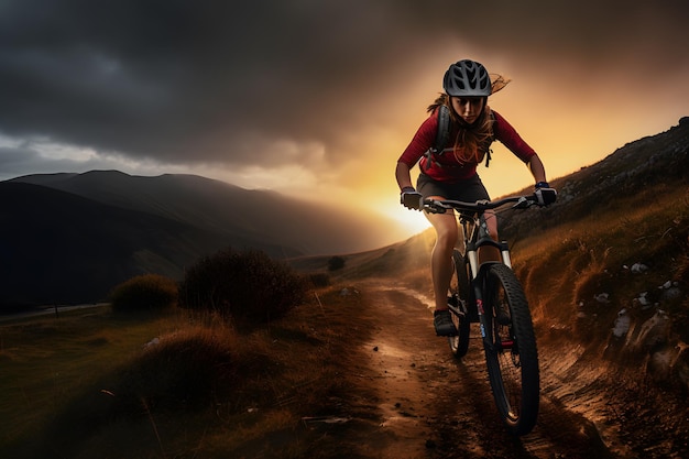 donna arafed che guida una bicicletta su una strada di terra in montagna AI generativa