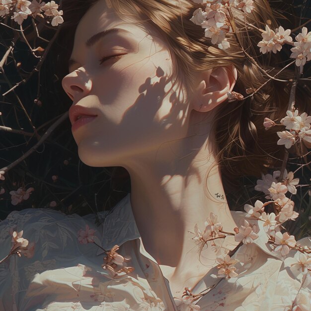 donna arafed con gli occhi chiusi sdraiato a terra con fiori generativo ai
