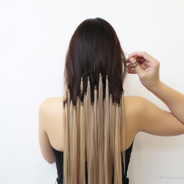 Donna Arafed con i capelli lunghi in un vestito nero che si pettina i capelli generativo ai