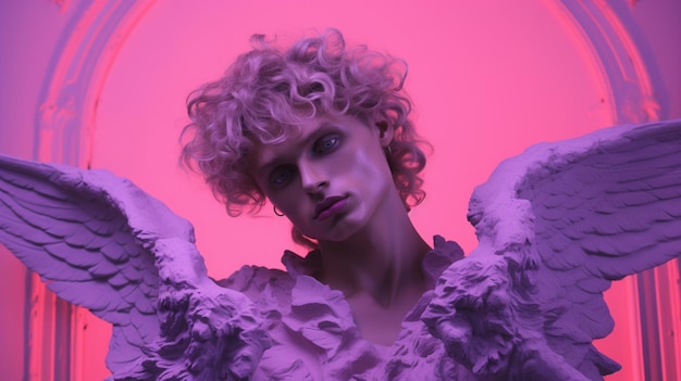 donna arafed con i capelli ricci e ali d'angelo in una stanza rosa generativa ai
