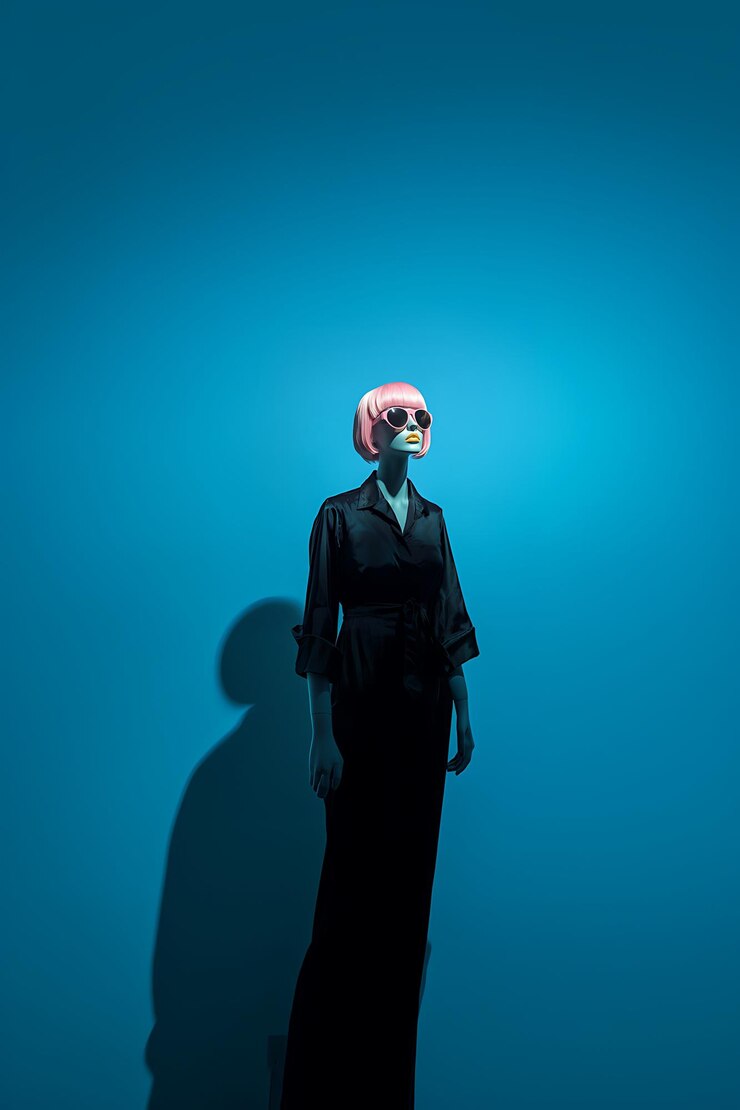 donna arafed con i capelli rosa e un vestito nero in piedi di fronte a un muro blu