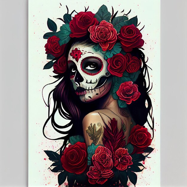 donna arafed con rose e un teschio viso tatuaggio generativo ai