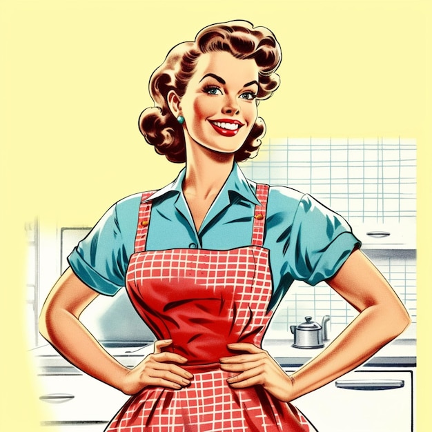 Donna Arafed con un grembiule rosso in piedi in una cucina generativa ai