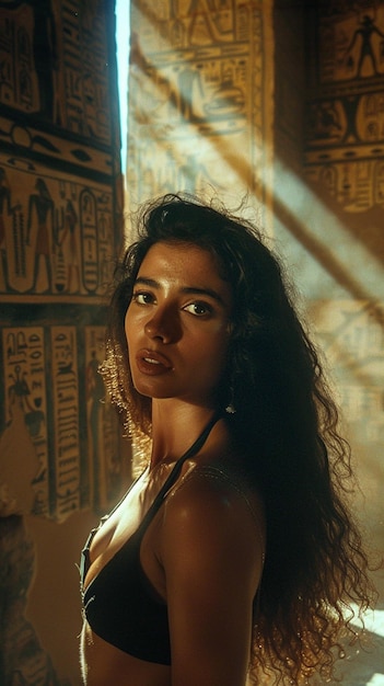 donna arafed in bikini che posa davanti a un muro con scritture egiziane generative ai