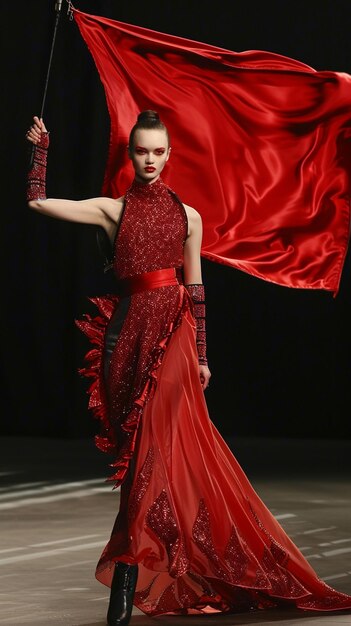 donna arafed in un vestito rosso che tiene una bandiera rossa generativa ai