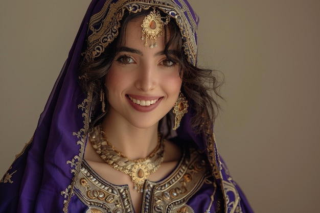 donna arafed in un vestito viola e gioielli d'oro sorridente generativo ai