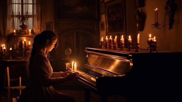 Donna Arafed seduta al pianoforte in una stanza buia con candele generative ai