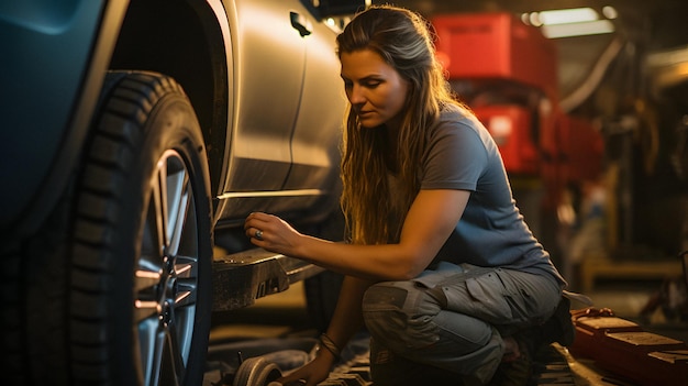 donna araffe che lavora su un'auto in un garage AI generativa