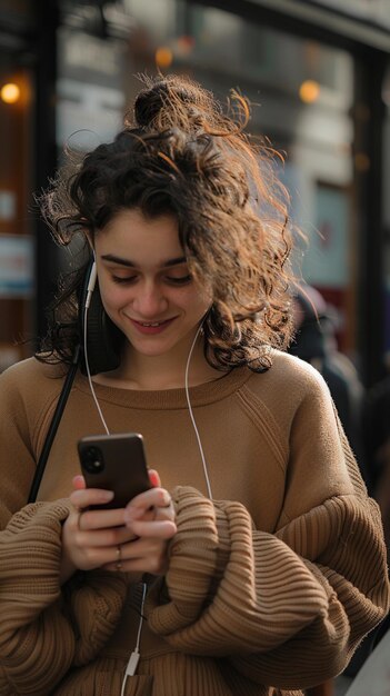 donna araffe con i capelli ricci che guarda il suo telefono generativo ai