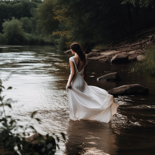 Donna Araffe con un vestito bianco che cammina attraverso un fiume generativo ai