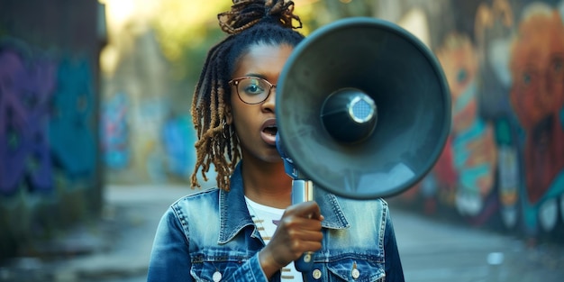 donna arrabbiata per strada con un altoparlante AI generativa