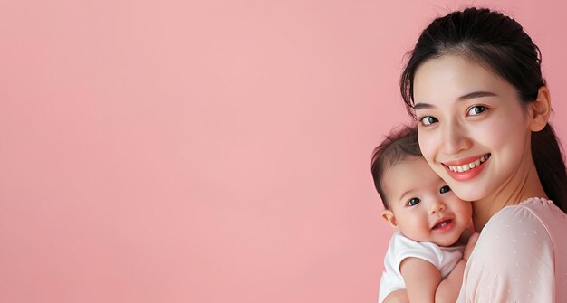 Donna asiatica abbraccia un bambino sullo sfondo rosa per la Festa della Madre