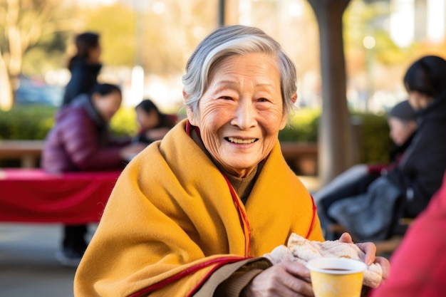 Donna asiatica anziana che sorride e che pranza in un parco Ai generativo