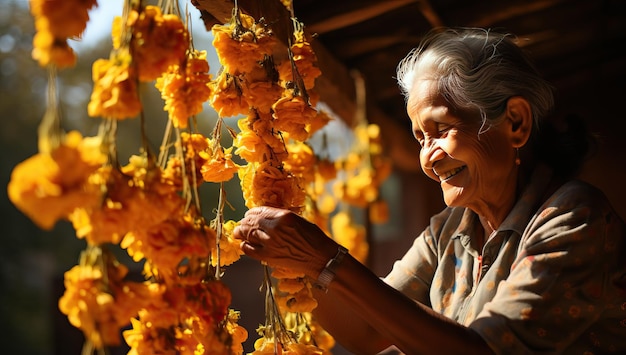 Donna asiatica anziana che tesse ghirlanda di fiori gialli