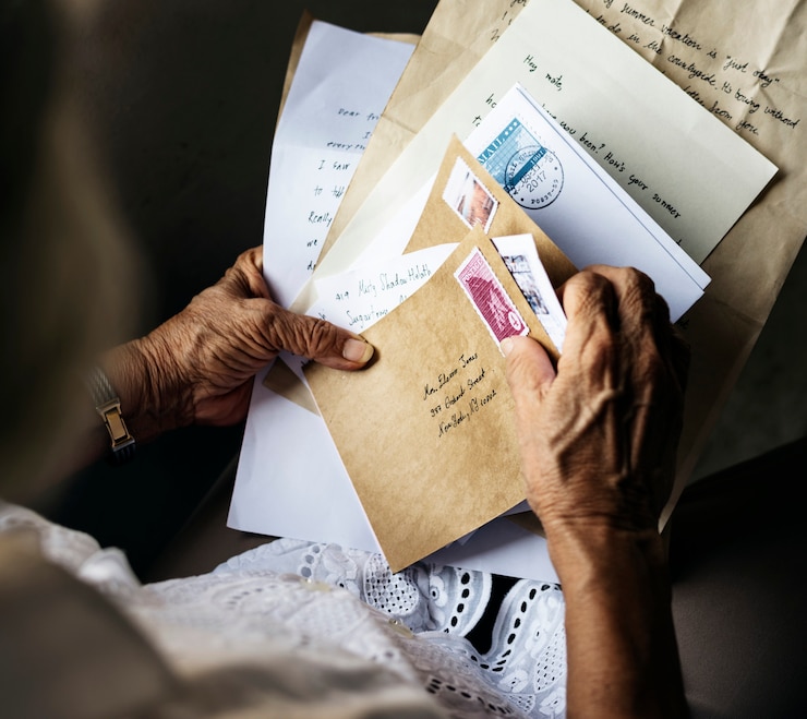 Foto donna asiatica anziana che tiene vecchie lettere in sue mani