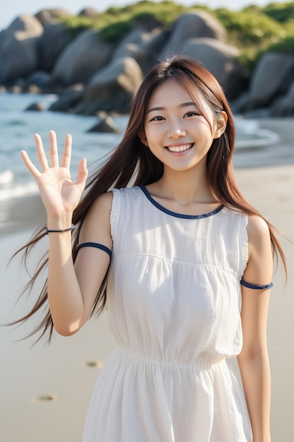 Donna asiatica che agita la mano sulla spiaggia in un viaggio di vacanza