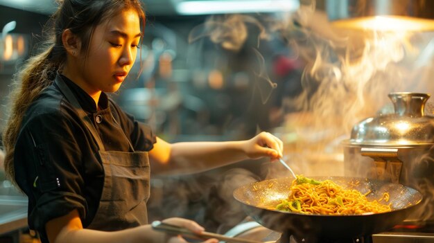 Donna asiatica che cucina noodles di soia in wok pan in un ristorante