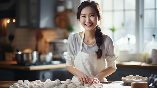 Donna asiatica che fa gnocchi in cucina.