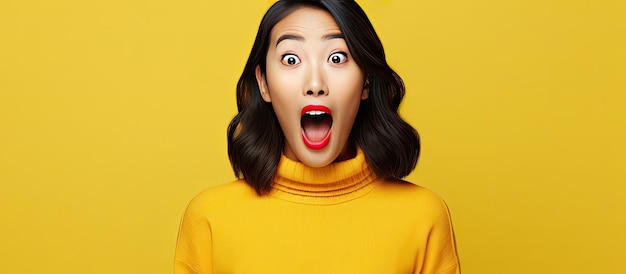 Donna asiatica che guarda con entusiasmo mostrando il prodotto con espressioni facciali espressive e presentando Bella ragazza condivide un segreto su sfondo giallo
