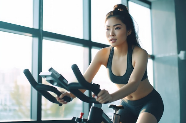 Donna asiatica che guida una spin bike in palestra AI generativa