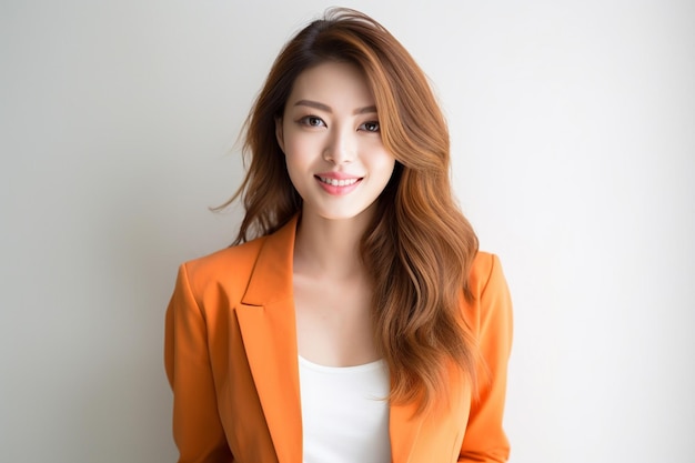 Donna asiatica che indossa blazer arancione sorridente su sfondo bianco