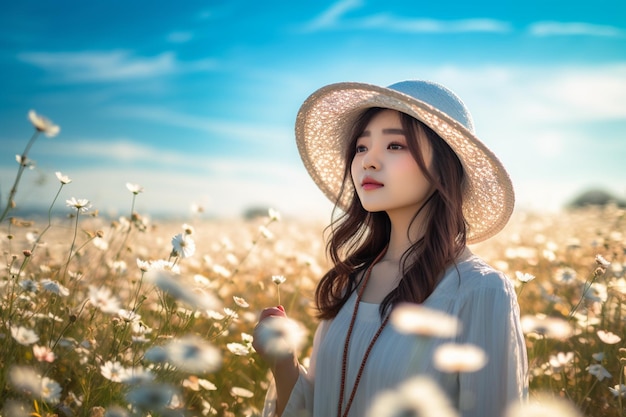 Donna asiatica che indossa cappello in piedi nel campo dei fiori con cielo blu